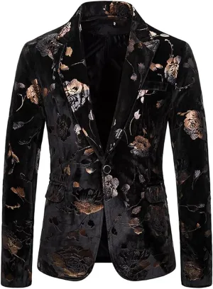 Red Rose Velvet Blazer Jacket Men Slim Fit Suit Party Wedding Tuxedo Blazers