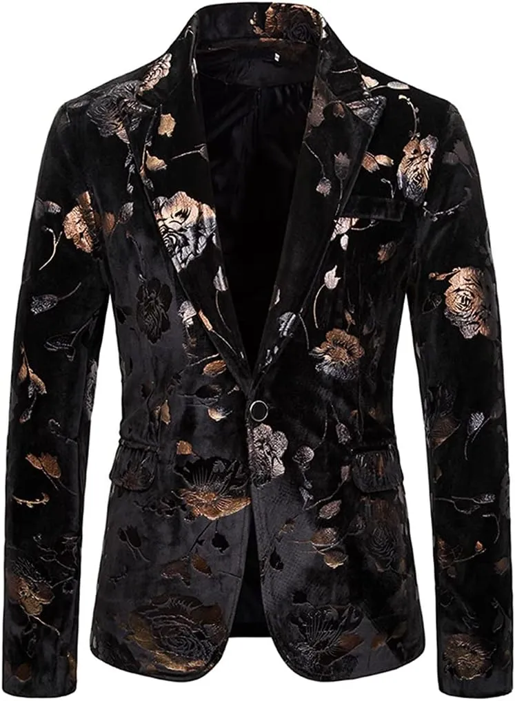 Red Rose Velvet Blazer Jacket Men Slim Fit Suit Party Wedding Tuxedo Blazers