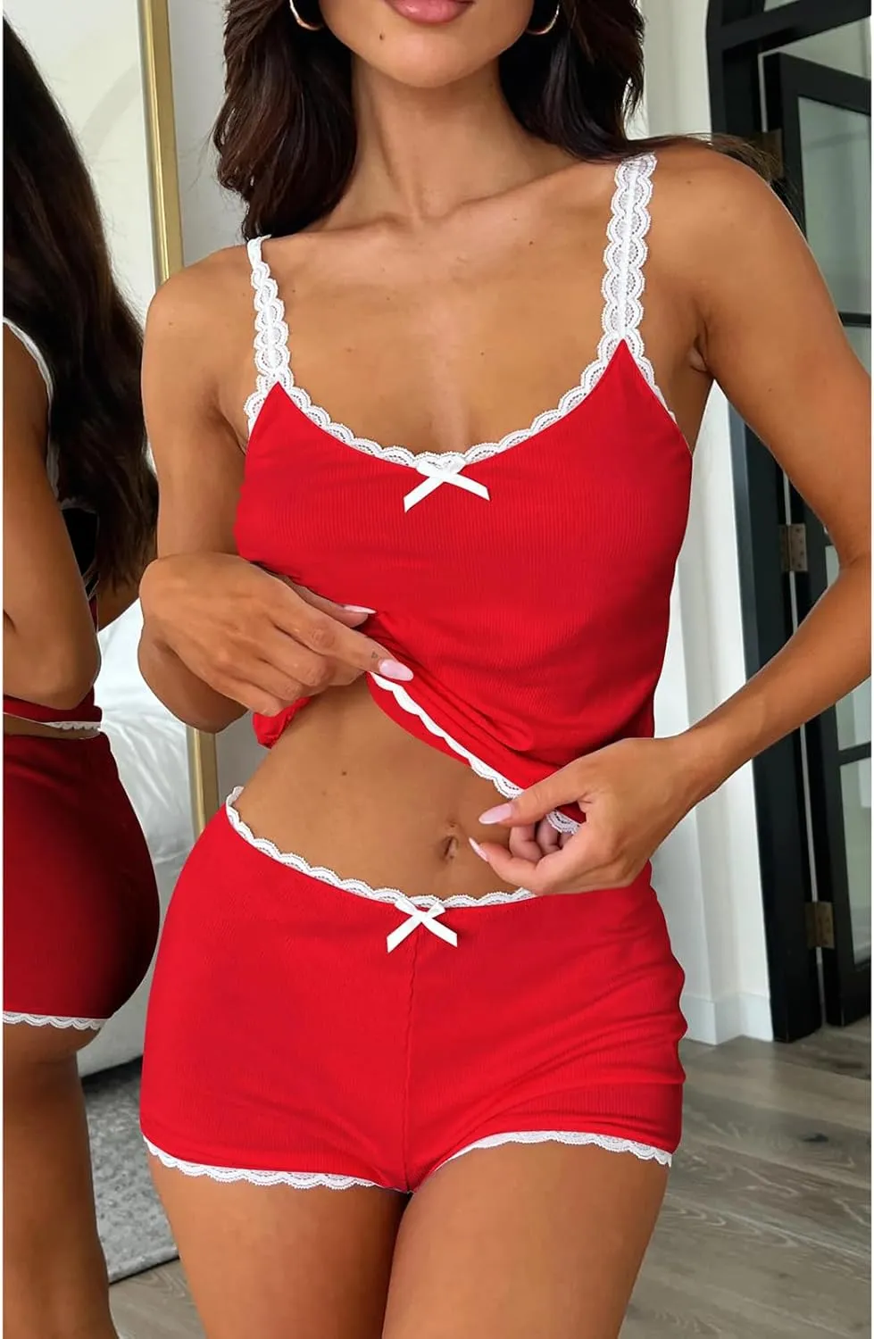 RUEWEY Women's Spaghetti Strap Pajama Set Ruffle Trim Crop Cami Top and Shorts PJ Set 2 Piece Lingerie Set