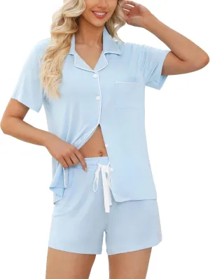 Samring Womens Pajamas Set Short Sleeve Sleepwear Button Down Nightwear Shorts Soft Pj Sets S-XXL
