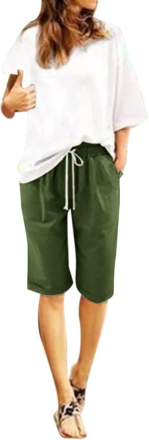 sdbrld Bermuda Shorts for Women Knee Length Casual Summer Drawstring Pull on Beach Shorts Womens Bermuda Shorts with Pockets