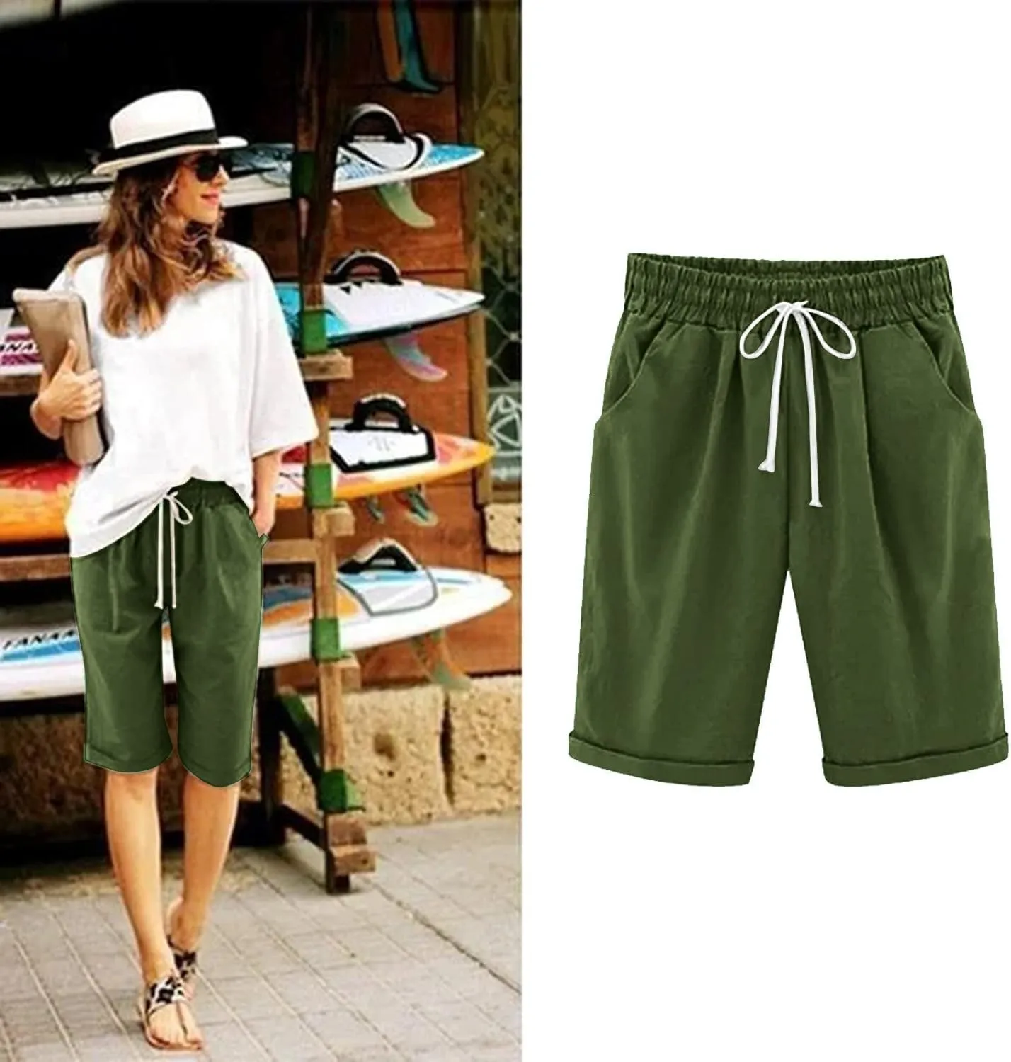 sdbrld Bermuda Shorts for Women Knee Length Casual Summer Drawstring Pull on Beach Shorts Womens Bermuda Shorts with Pockets