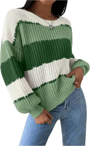 SHENHE Women's Color Block Oversized Crew Neck Ribbed Knit Casual Sweater Pullover
