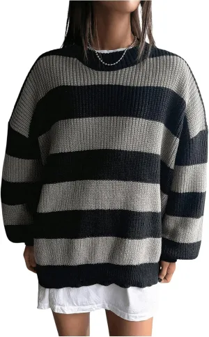 SHENHE Women's Color Block Oversized Crew Neck Ribbed Knit Casual Sweater Pullover
