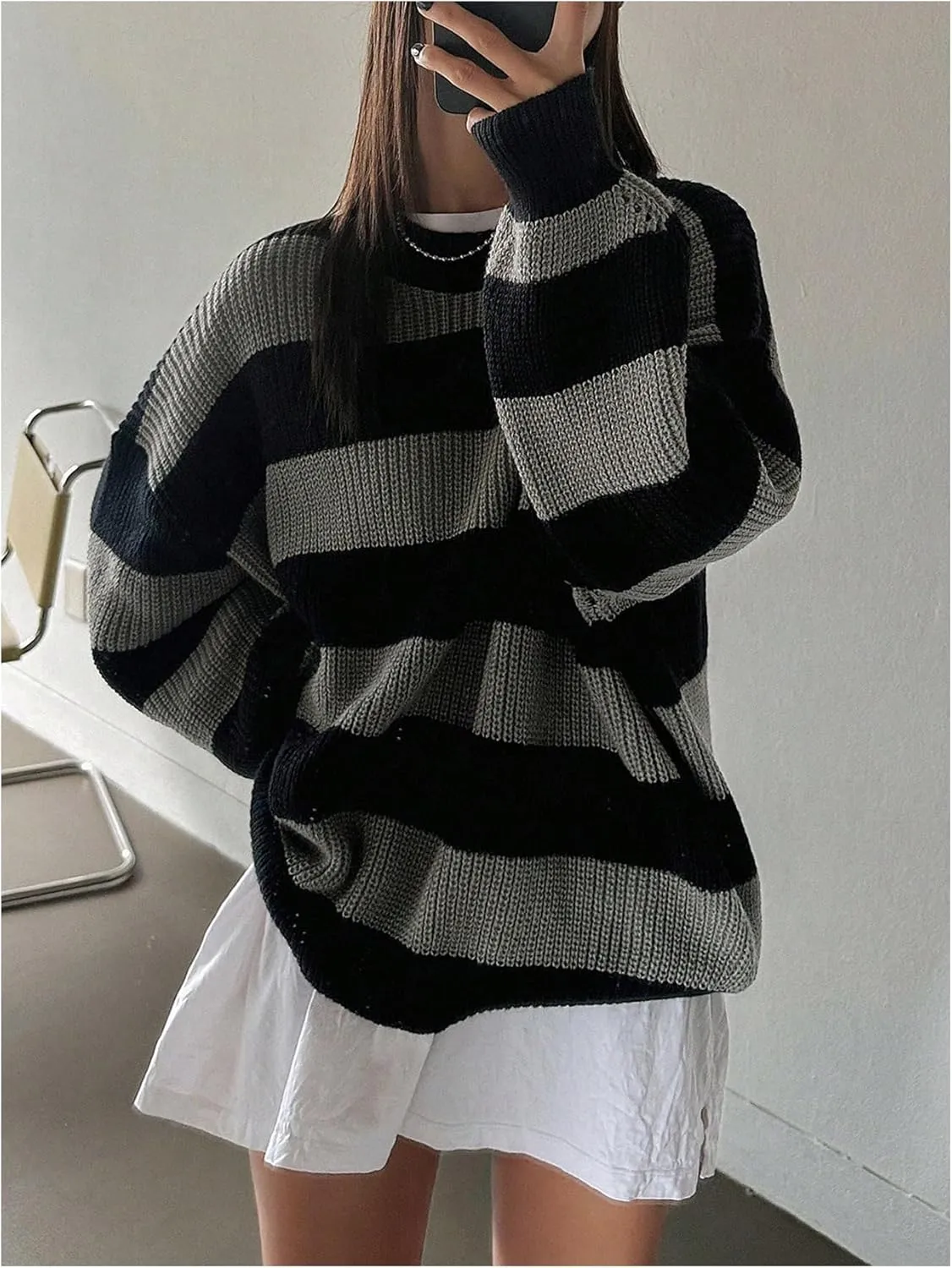 SHENHE Women's Color Block Oversized Crew Neck Ribbed Knit Casual Sweater Pullover