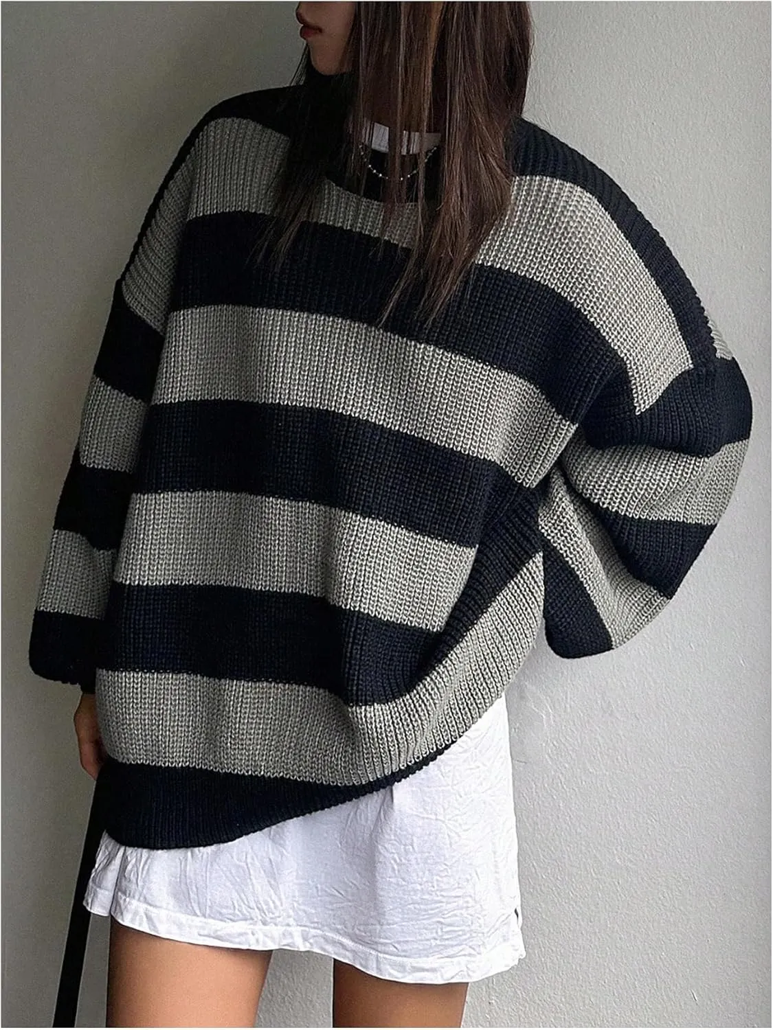SHENHE Women's Color Block Oversized Crew Neck Ribbed Knit Casual Sweater Pullover