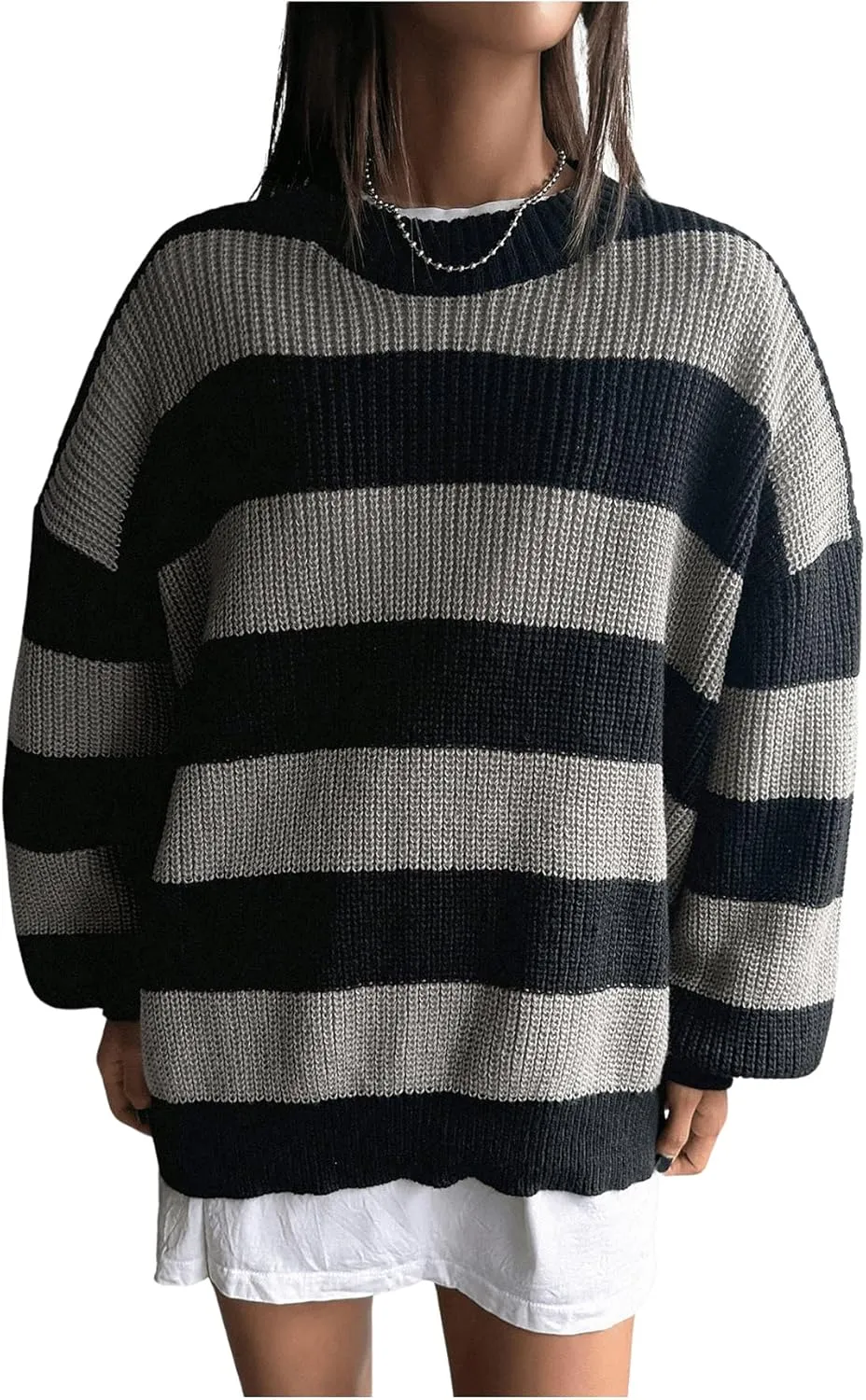 SHENHE Women's Color Block Oversized Crew Neck Ribbed Knit Casual Sweater Pullover