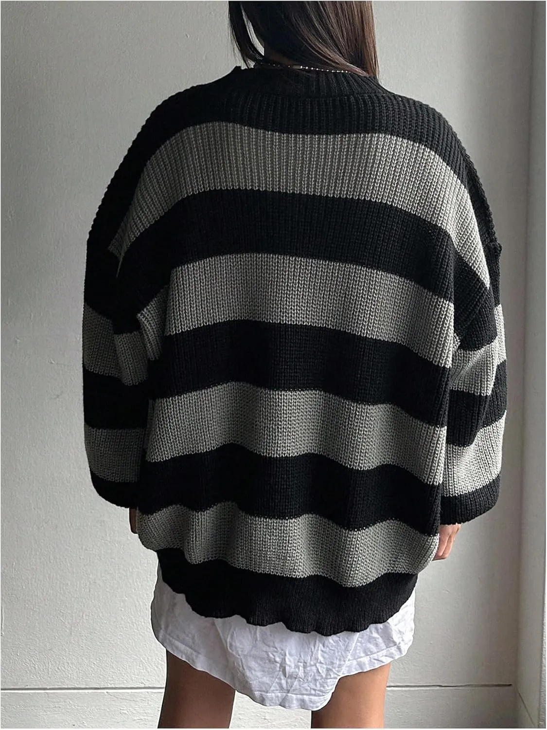 SHENHE Women's Color Block Oversized Crew Neck Ribbed Knit Casual Sweater Pullover