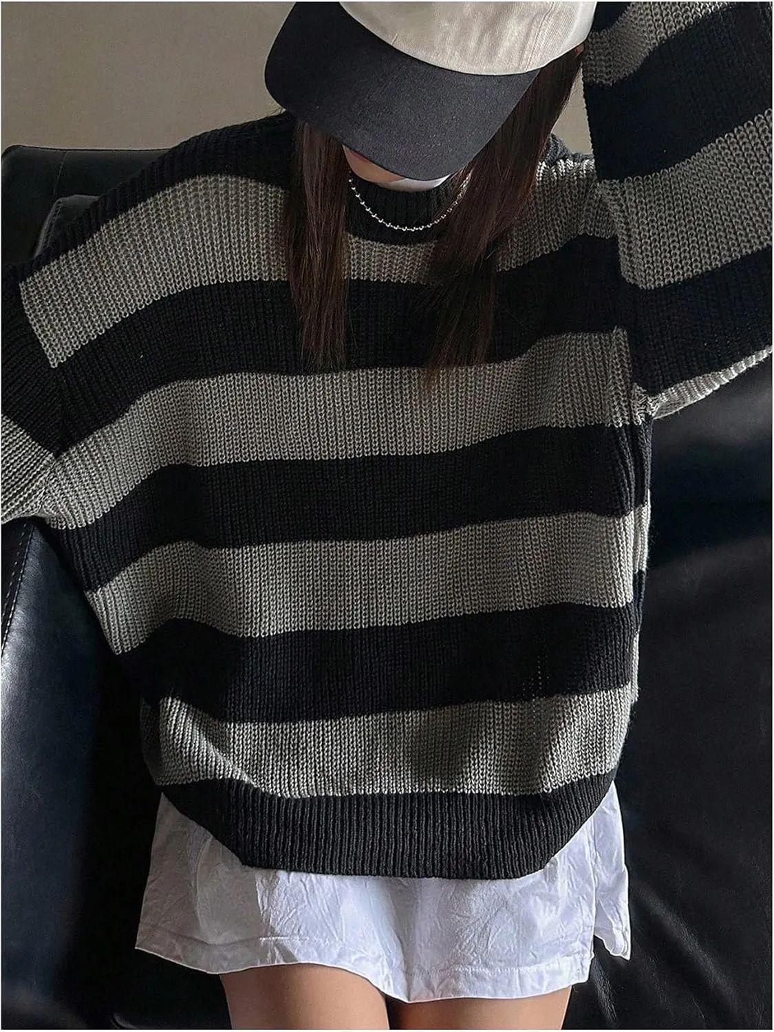 SHENHE Women's Color Block Oversized Crew Neck Ribbed Knit Casual Sweater Pullover