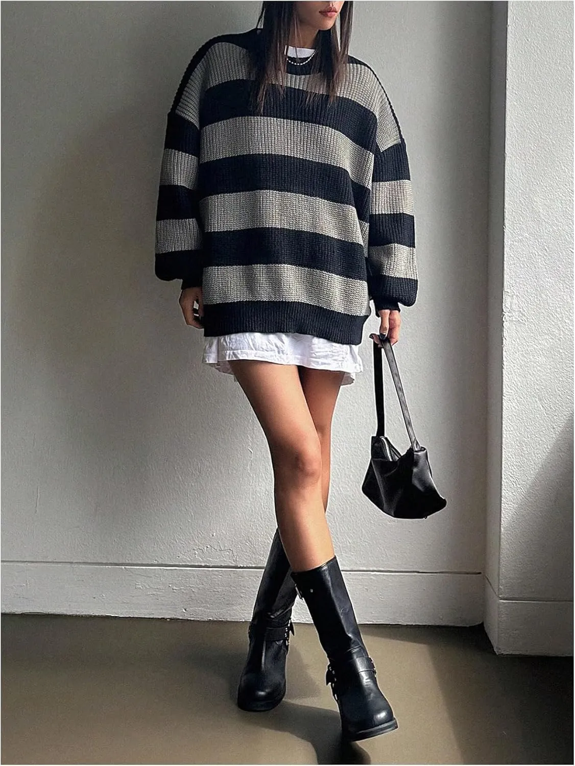 SHENHE Women's Color Block Oversized Crew Neck Ribbed Knit Casual Sweater Pullover