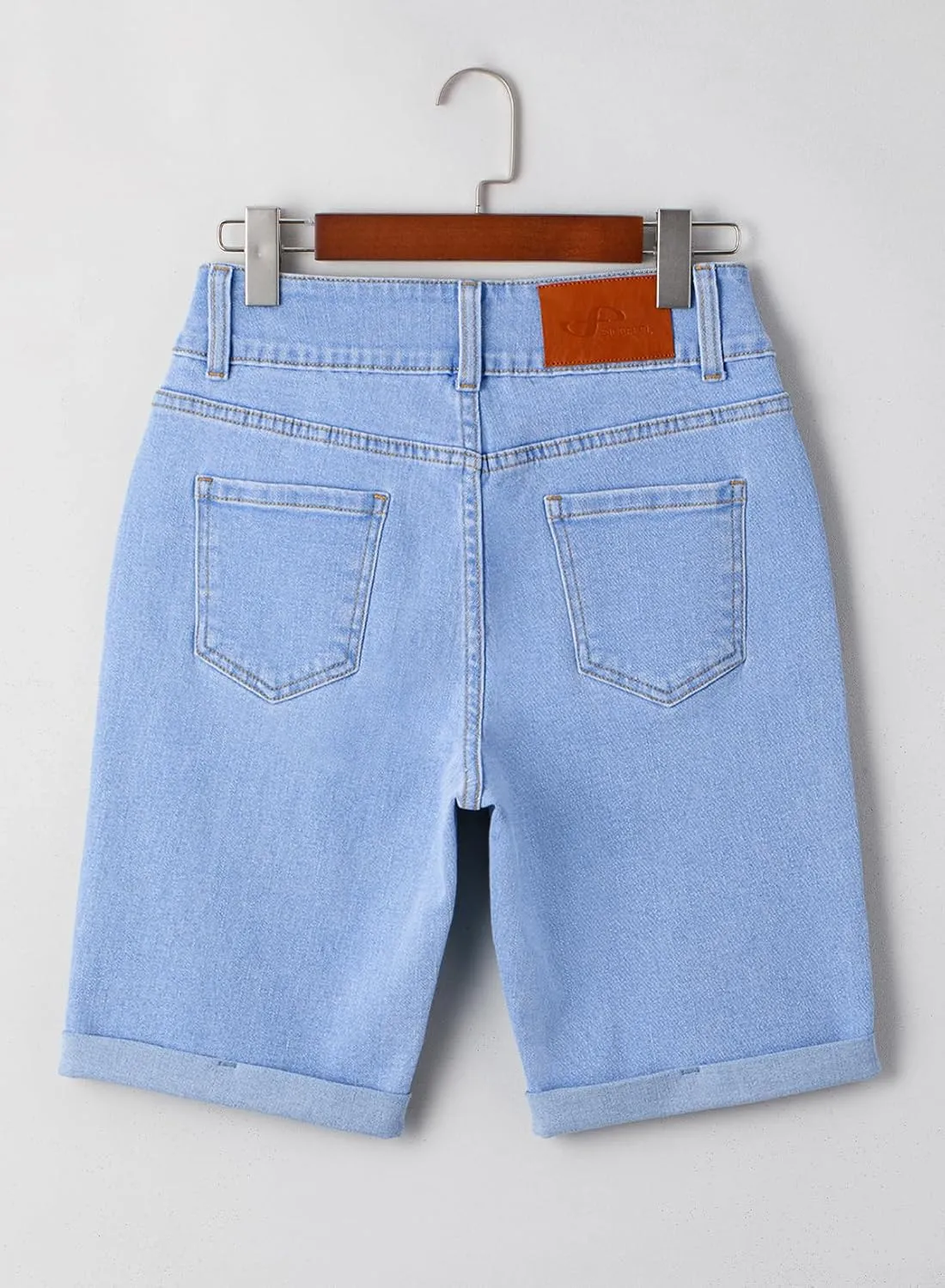 Sidefeel Women's Jean Shorts High Waisted Stretchy Bermuda Folded Hem Denim Summer Shorts