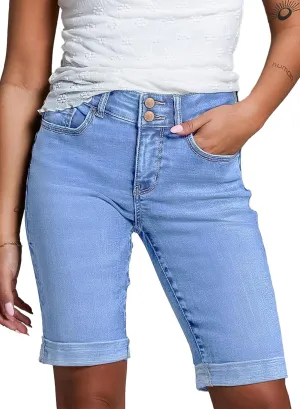 Sidefeel Women's Jean Shorts High Waisted Stretchy Bermuda Folded Hem Denim Summer Shorts