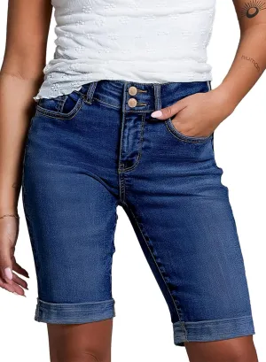 Sidefeel Women's Jean Shorts High Waisted Stretchy Bermuda Folded Hem Denim Summer Shorts