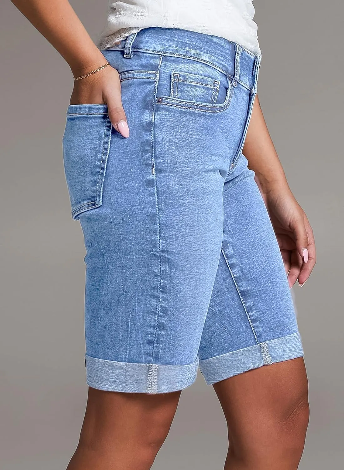 Sidefeel Women's Jean Shorts High Waisted Stretchy Bermuda Folded Hem Denim Summer Shorts