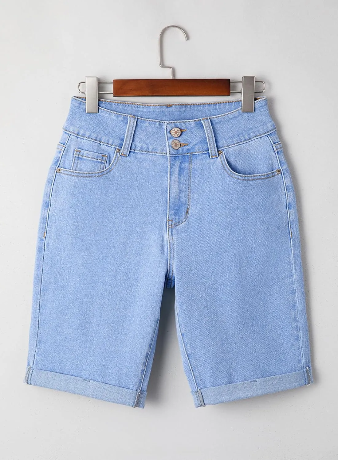 Sidefeel Women's Jean Shorts High Waisted Stretchy Bermuda Folded Hem Denim Summer Shorts
