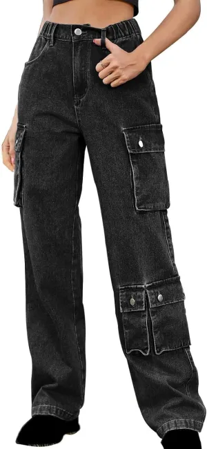 SMIDOW Womens Y2K Jeans Baggy Cargo Pants Jeans High Waisted Straight-Leg Pants Pull On Denim Pants with Multiple Pockets