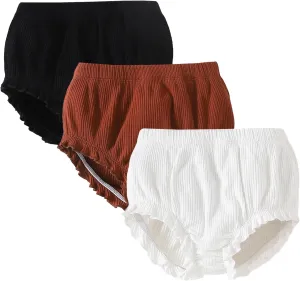 SOBOWO 3-Pack Bloomers for Baby Girls Diaper Covers Ribbed Ruffle Solid Triangle Baby Girl Shorts Summer Toddler Underwear