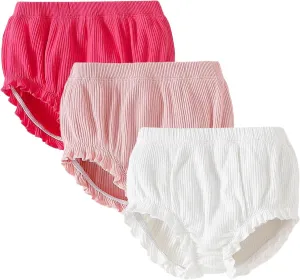SOBOWO 3-Pack Bloomers for Baby Girls Diaper Covers Ribbed Ruffle Solid Triangle Baby Girl Shorts Summer Toddler Underwear