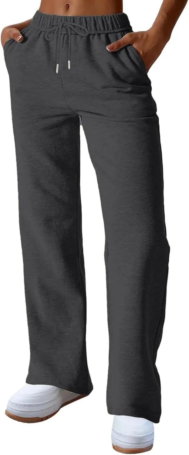 Straight Leg Sweatpants for Women Fleece Wide Leg Drawstring Trousers High Waisted Athletic Joggers with Pockets