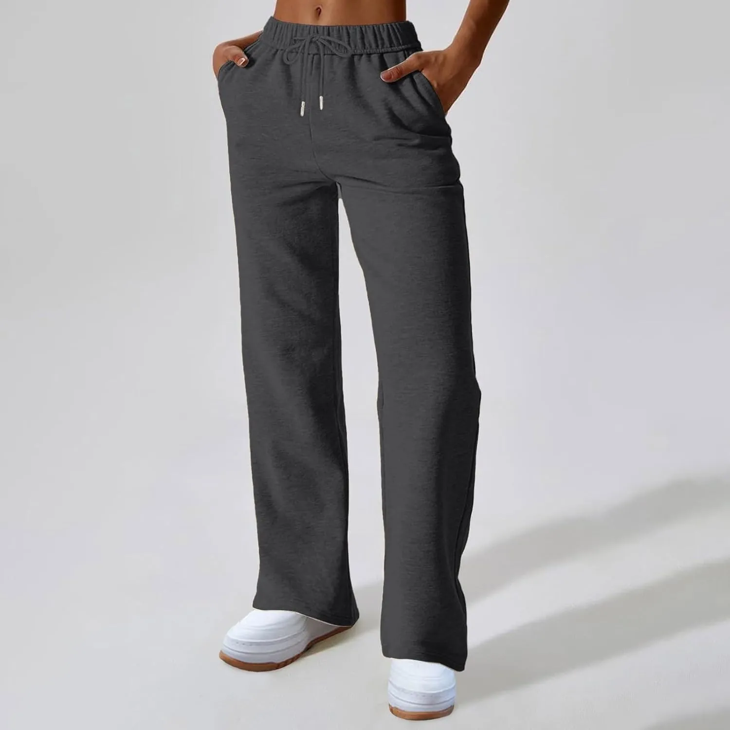 Straight Leg Sweatpants for Women Fleece Wide Leg Drawstring Trousers High Waisted Athletic Joggers with Pockets