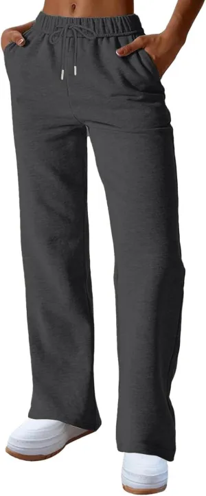 Straight Leg Sweatpants for Women Fleece Wide Leg Drawstring Trousers High Waisted Athletic Joggers with Pockets