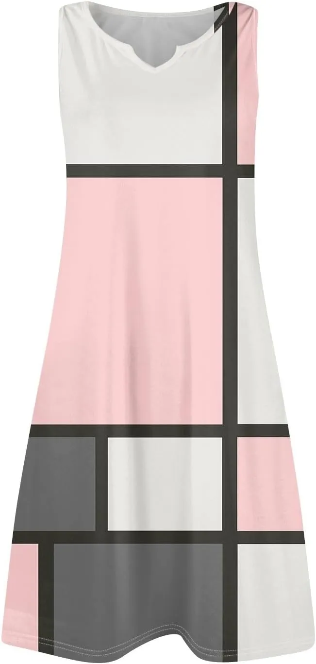 Summer Dresses for Women 2025 Casual V Neck Sleeveless Sundresses Color Block Tank Dresses with Pockets