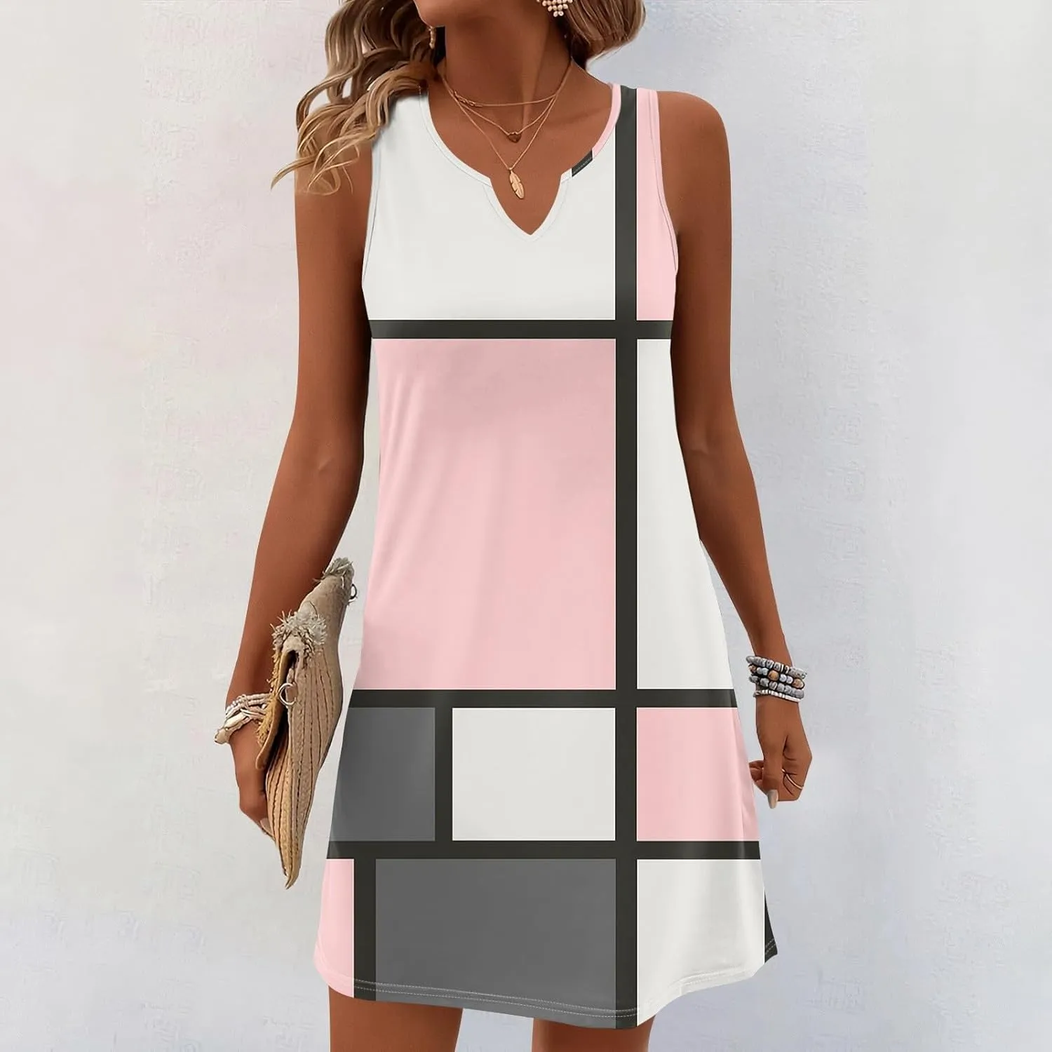 Summer Dresses for Women 2025 Casual V Neck Sleeveless Sundresses Color Block Tank Dresses with Pockets