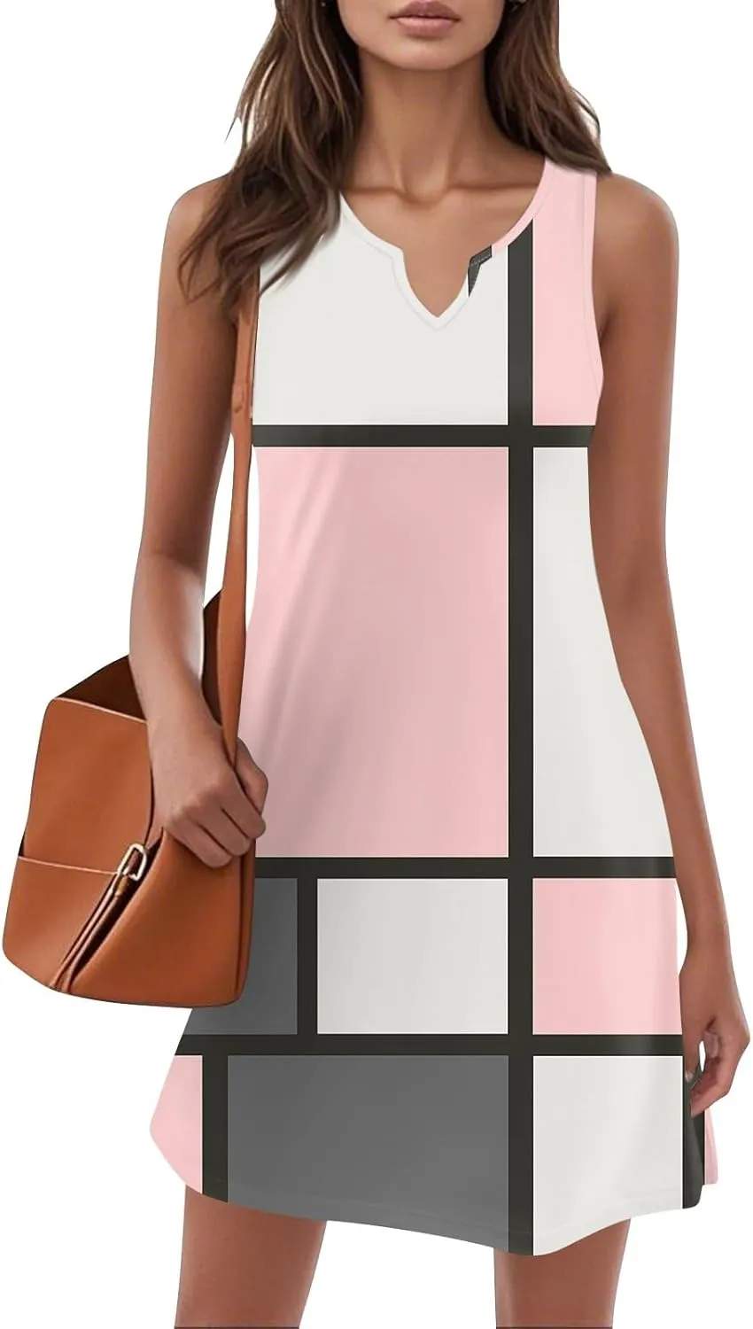 Summer Dresses for Women 2025 Casual V Neck Sleeveless Sundresses Color Block Tank Dresses with Pockets