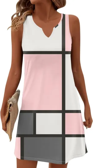 Summer Dresses for Women 2025 Casual V Neck Sleeveless Sundresses Color Block Tank Dresses with Pockets
