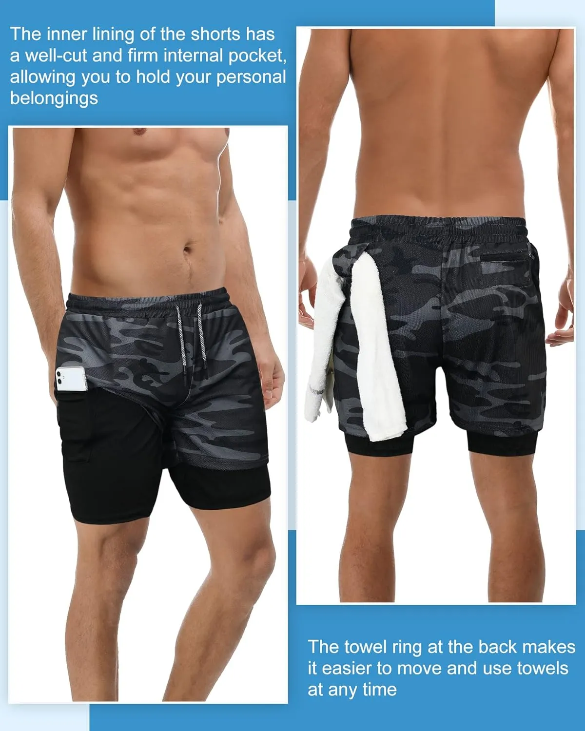 Sureio 6 Pcs Men's 2 in 1 Workout Running Shorts 5" Athletic Gym Shorts with Liner Quick Dry Shorts with Pockets Towel Loop