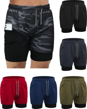 Sureio 6 Pcs Men's 2 in 1 Workout Running Shorts 5" Athletic Gym Shorts with Liner Quick Dry Shorts with Pockets Towel Loop