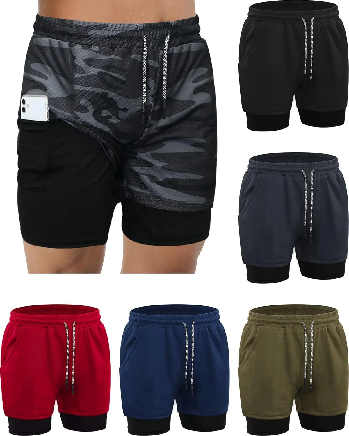 Sureio 6 Pcs Men's 2 in 1 Workout Running Shorts 5" Athletic Gym Shorts with Liner Quick Dry Shorts with Pockets Towel Loop