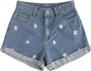 SweatyRocks Women's Casual High Waist Daisy Floral Embroidery Folded Hem Denim Jean Shorts