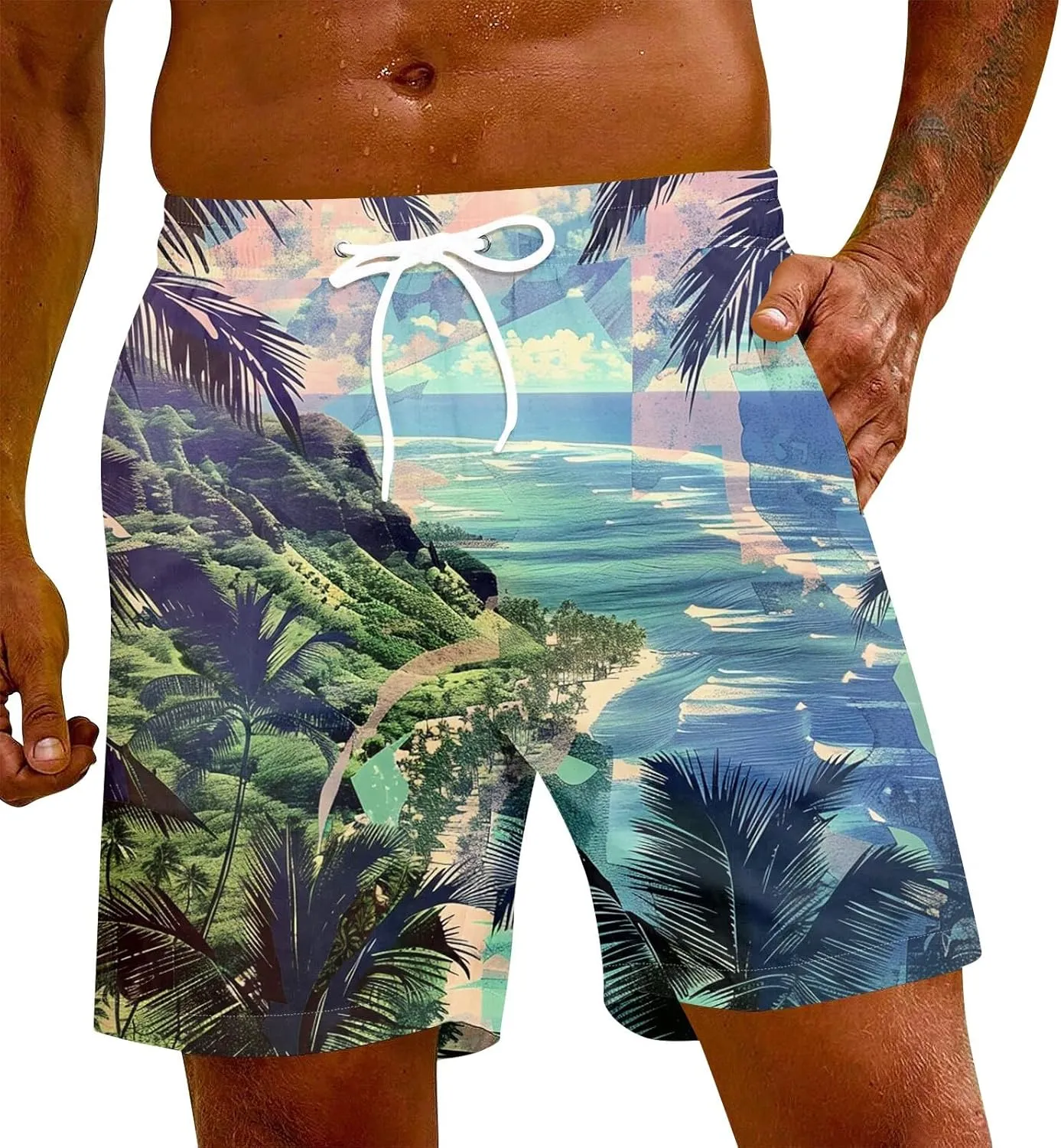 Swimming Trunks for Men Mens Gym Shorts 5 Inch Graphic Surf Printed Hawaiian Exercise Fashion Swimwear Cycling Baggy