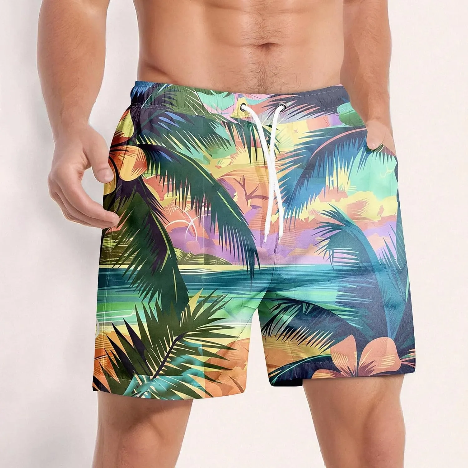 Swimming Trunks for Men Mens Gym Shorts 5 Inch Graphic Surf Printed Hawaiian Exercise Fashion Swimwear Cycling Baggy