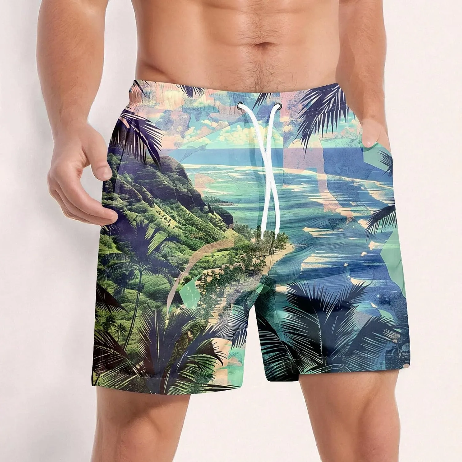 Swimming Trunks for Men Mens Gym Shorts 5 Inch Graphic Surf Printed Hawaiian Exercise Fashion Swimwear Cycling Baggy