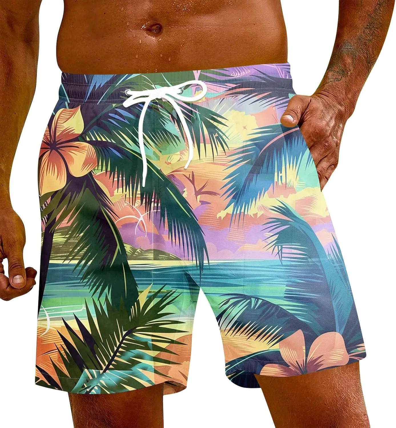 Swimming Trunks for Men Mens Gym Shorts 5 Inch Graphic Surf Printed Hawaiian Exercise Fashion Swimwear Cycling Baggy