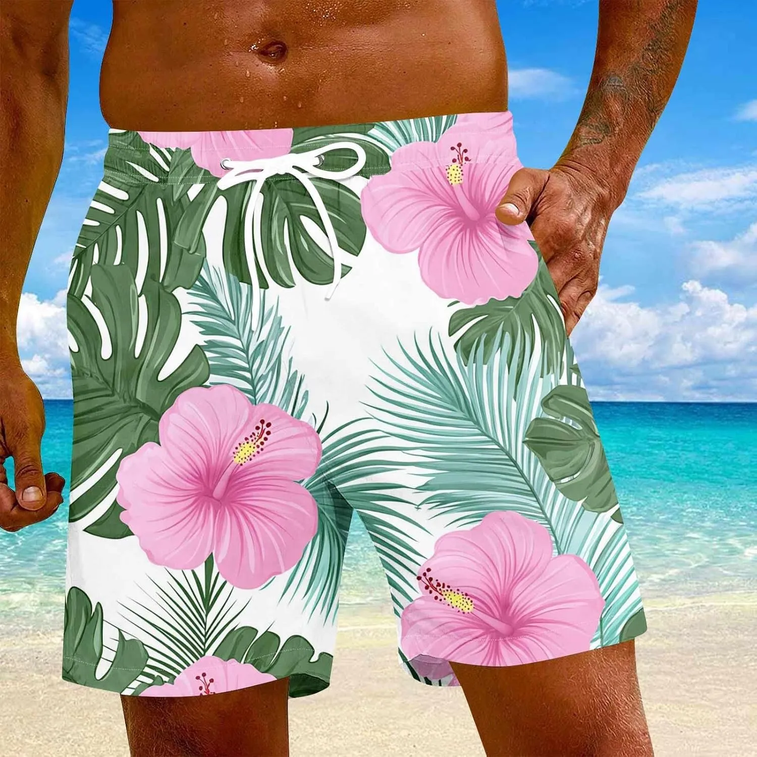 Swimming Trunks for Men Mens Gym Shorts 5 Inch Graphic Surf Printed Hawaiian Exercise Fashion Swimwear Cycling Baggy