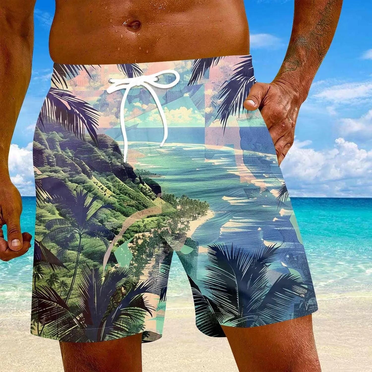 Swimming Trunks for Men Mens Gym Shorts 5 Inch Graphic Surf Printed Hawaiian Exercise Fashion Swimwear Cycling Baggy