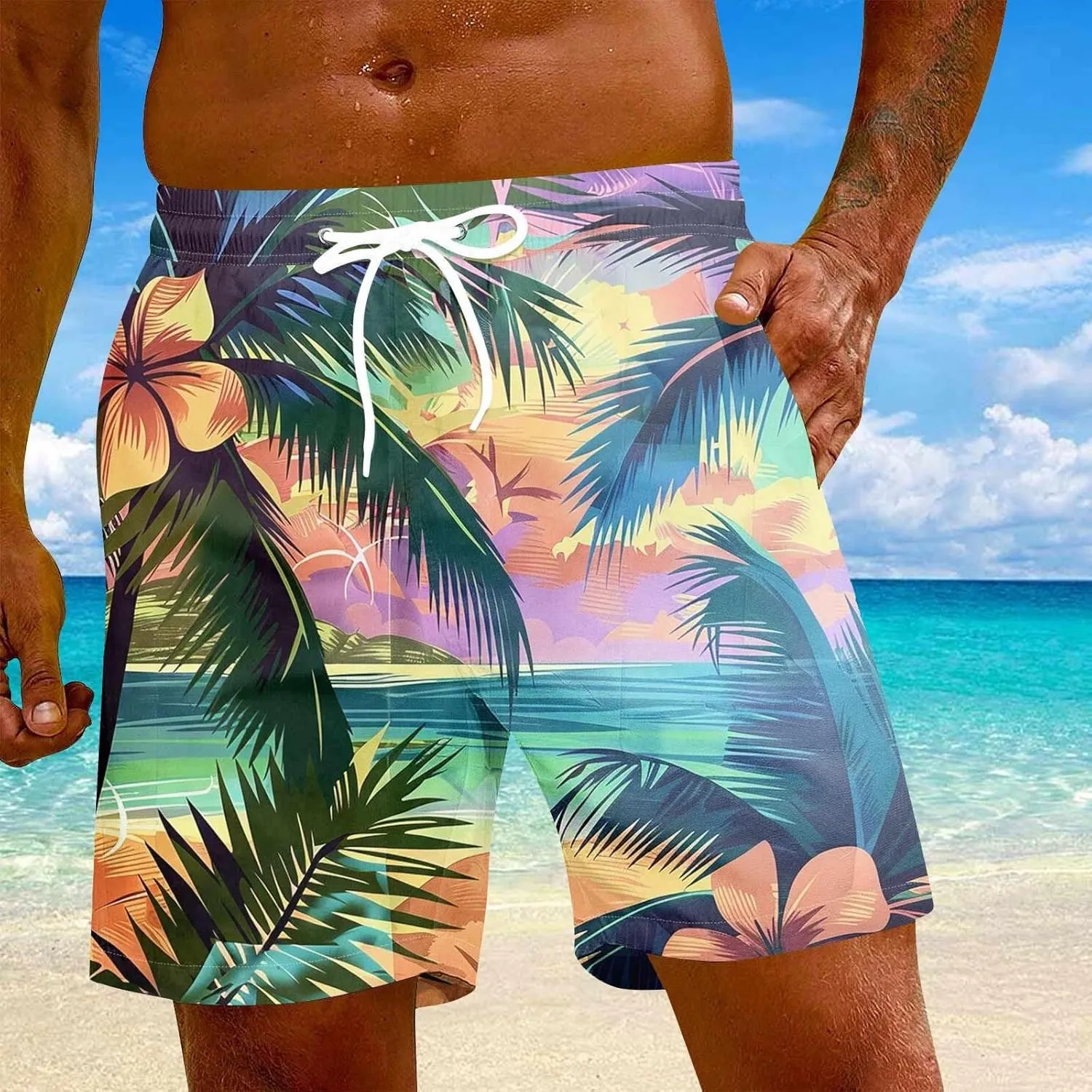 Swimming Trunks for Men Mens Gym Shorts 5 Inch Graphic Surf Printed Hawaiian Exercise Fashion Swimwear Cycling Baggy