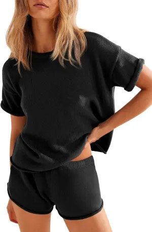 Tankaneo Womens Knit 2 Piece Sets Raw Edge Rolled Short Sleeve Tops and Shorts Loungewear Set Travel Outfits