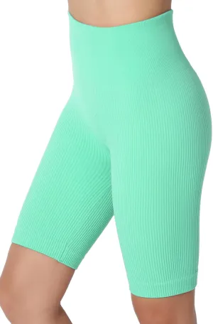 TheMogan Women's Compression Ribbed Seamless High Waist Biker Shorts Short Leggings