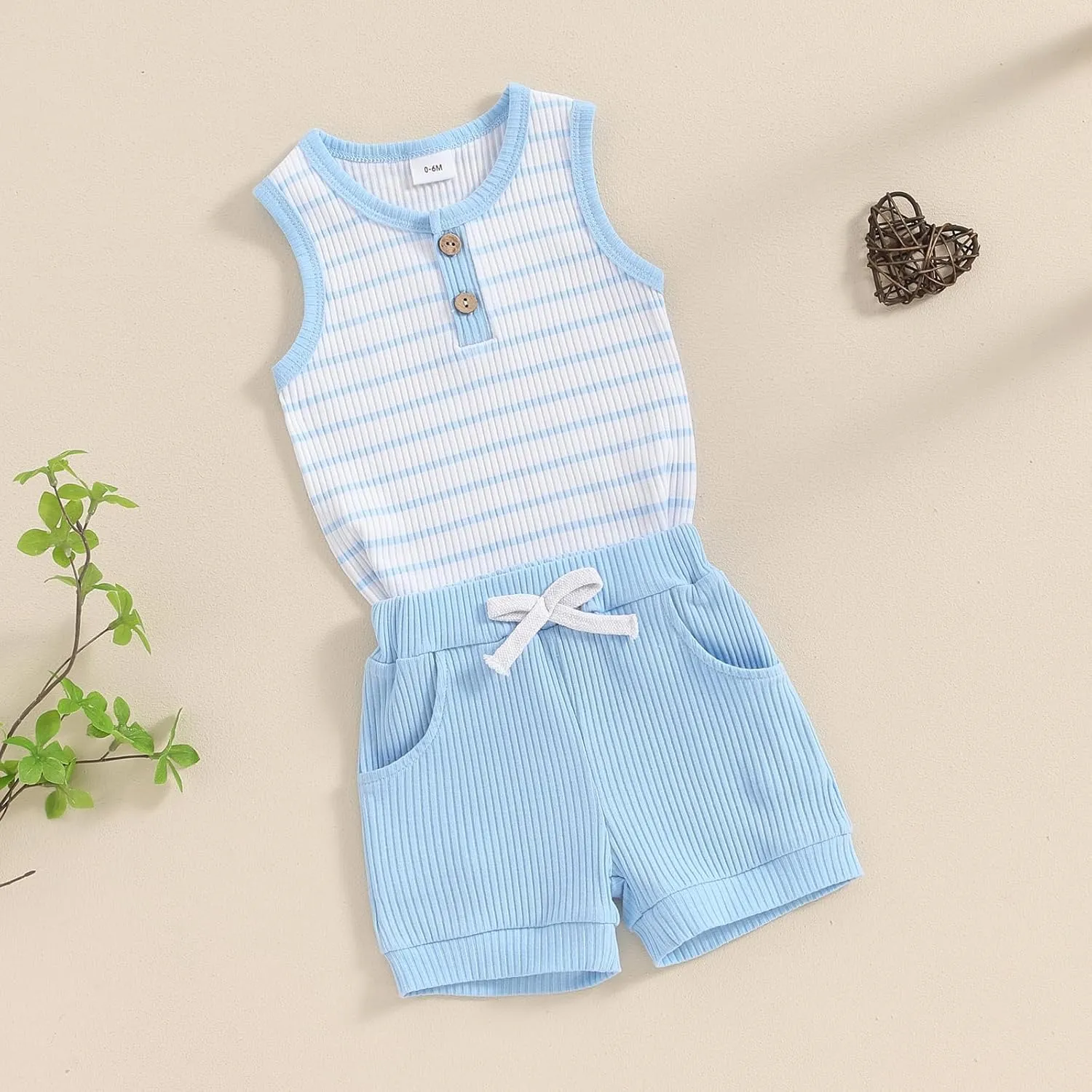 Toddler Baby Boy Girls Summer Clothes Ribbed Sleeveless Striped Tank Tops Solid Color Shorts Set 2Pcs Casual Outfits