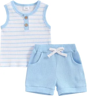 Toddler Baby Boy Girls Summer Clothes Ribbed Sleeveless Striped Tank Tops Solid Color Shorts Set 2Pcs Casual Outfits