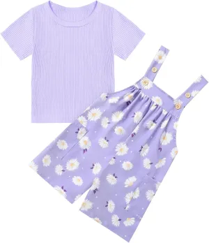 Toddler Baby Girl Summer Outfit Short Sleeve Ribbed Tops   Flower Suspender Overalls Shorts Set Kids Cute Clothes