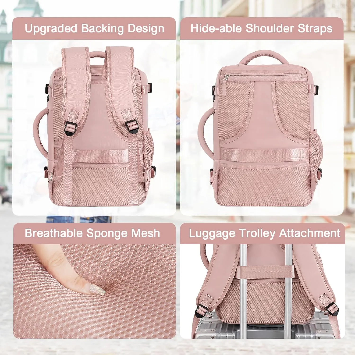 Travel Backpack for Women Men, TSA Friendly Carry-on Backpack Airline Approved, Personal Item Bag on Airplanes, Travel Essentials Must Haves, Pink