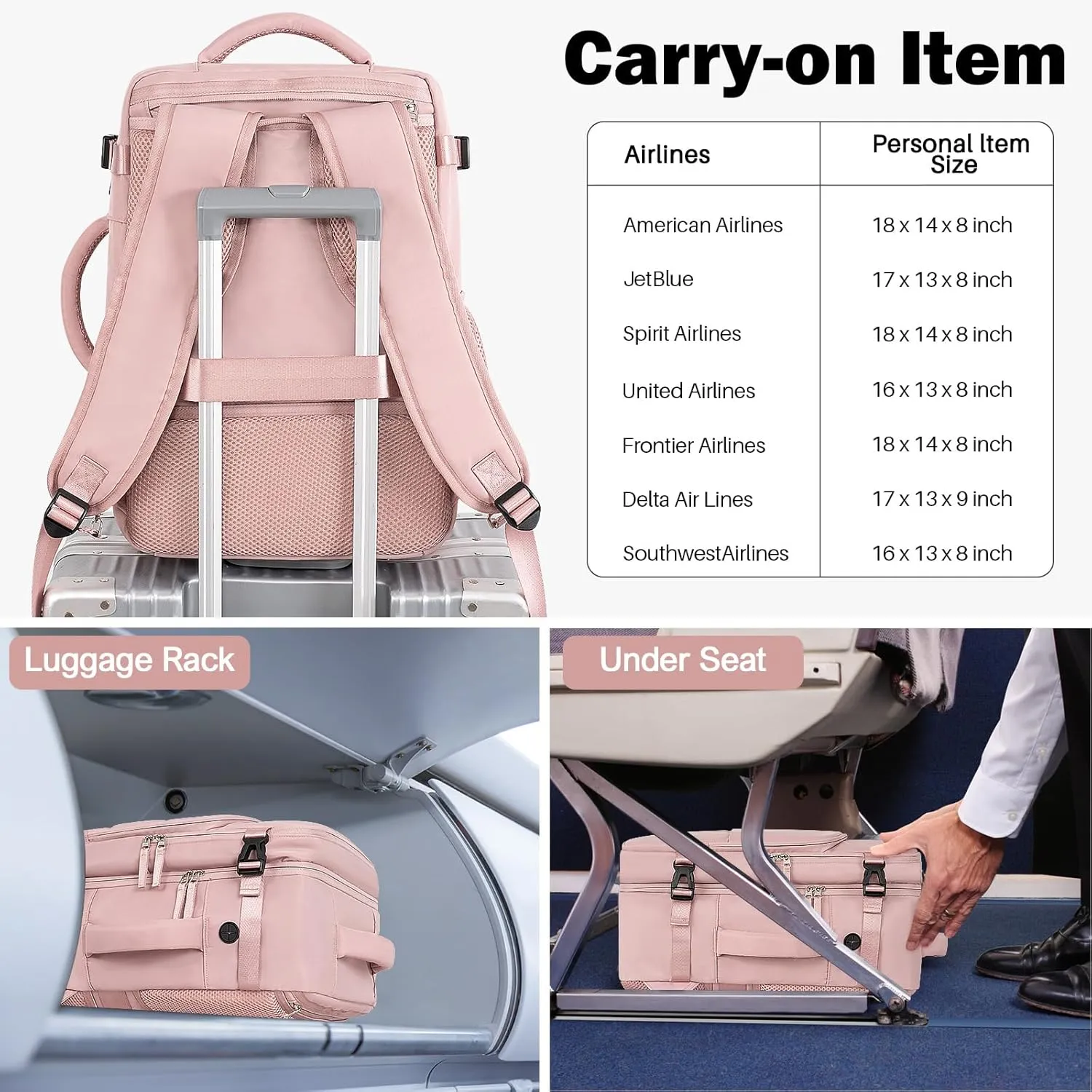 Travel Backpack for Women Men, TSA Friendly Carry-on Backpack Airline Approved, Personal Item Bag on Airplanes, Travel Essentials Must Haves, Pink