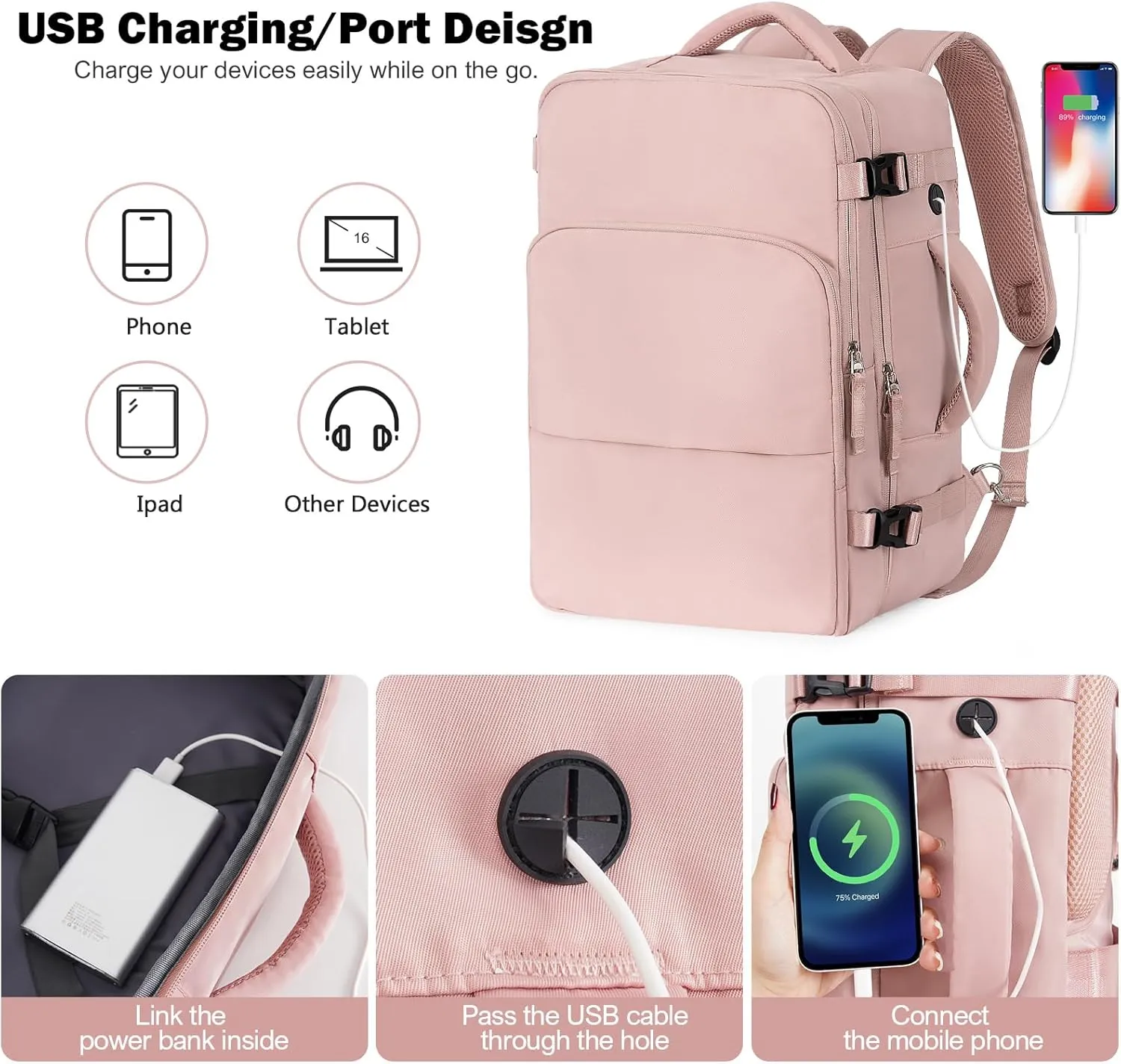Travel Backpack for Women Men, TSA Friendly Carry-on Backpack Airline Approved, Personal Item Bag on Airplanes, Travel Essentials Must Haves, Pink
