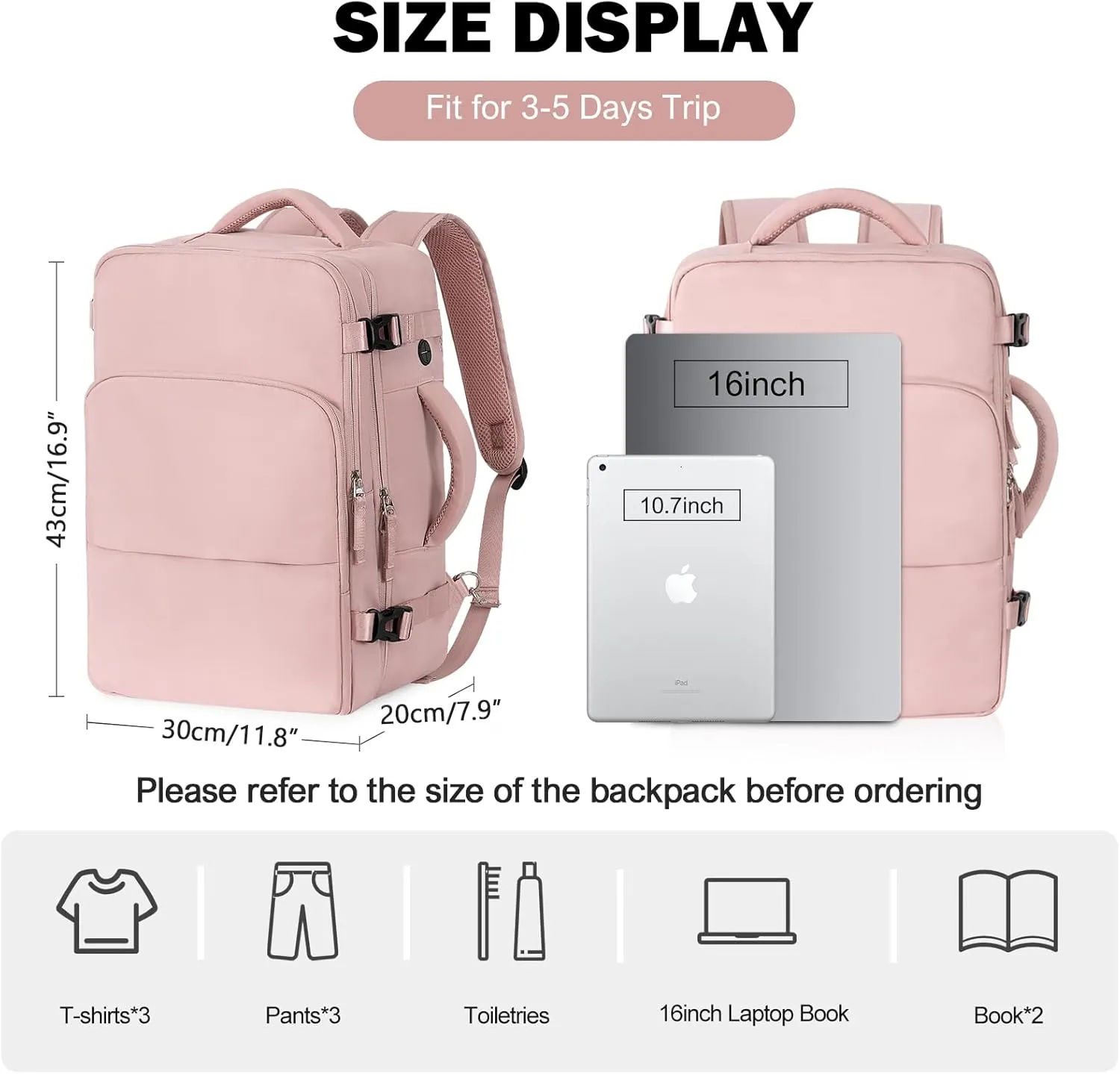 Travel Backpack for Women Men, TSA Friendly Carry-on Backpack Airline Approved, Personal Item Bag on Airplanes, Travel Essentials Must Haves, Pink
