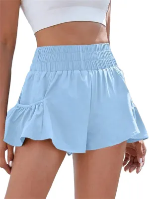 UAURORAO Women Flowy Athletic Shorts High Waisted Boho Floral Ruffle Running Workout Shorts Smocked Shorts with Pockets